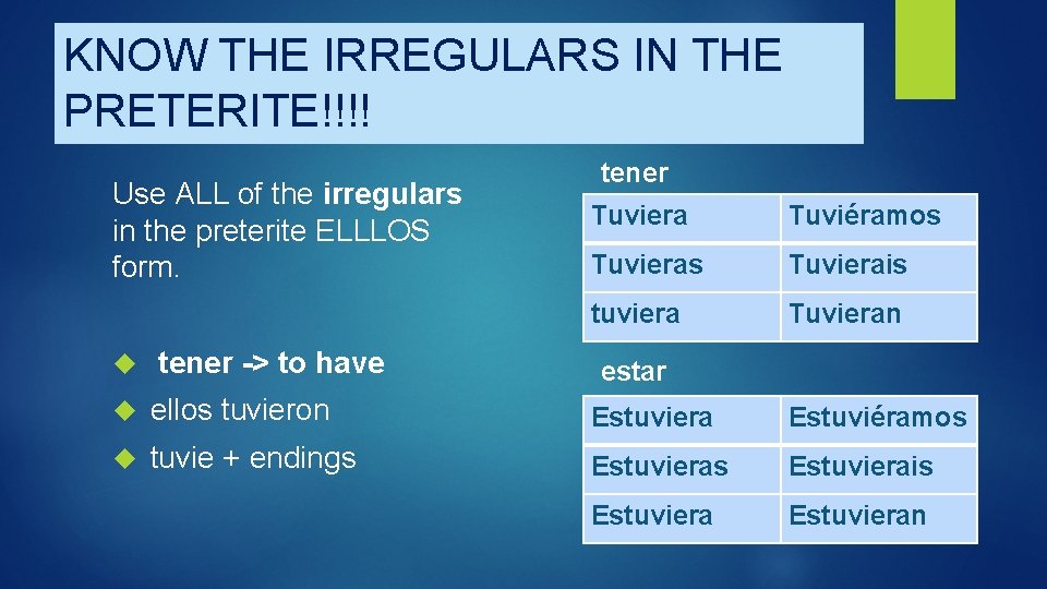 KNOW THE IRREGULARS IN THE PRETERITE!!!! Use ALL of the irregulars in the preterite