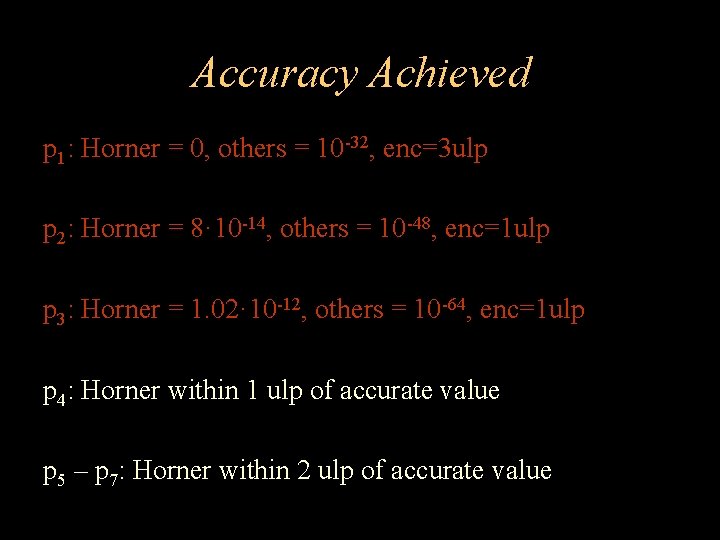 Accuracy Achieved p 1: Horner = 0, others = 10 -32, enc=3 ulp p