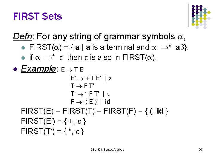 FIRST Sets Defn: For any string of grammar symbols , l l l FIRST(