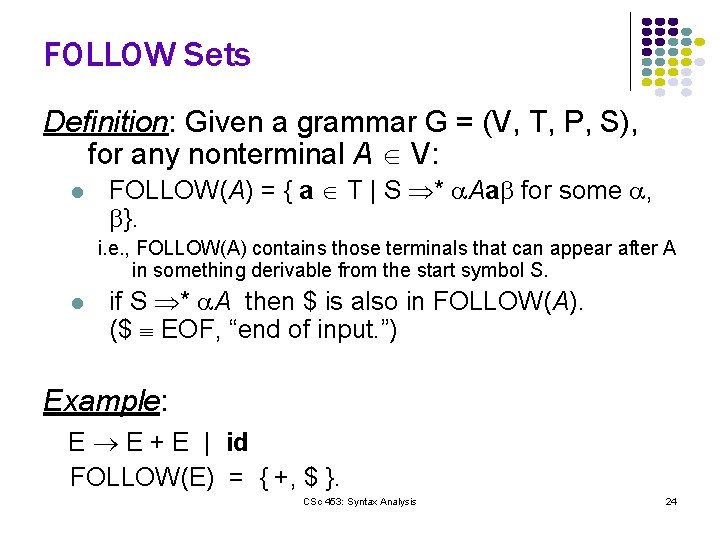 FOLLOW Sets Definition: Given a grammar G = (V, T, P, S), for any