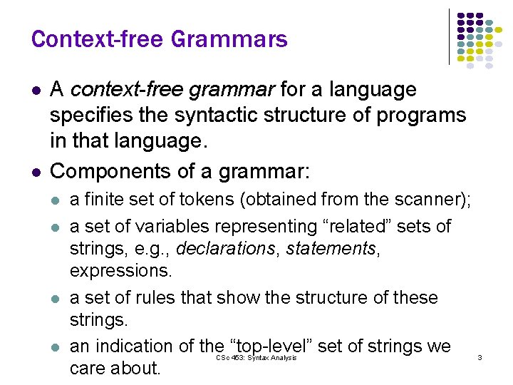 Context-free Grammars l l A context-free grammar for a language specifies the syntactic structure