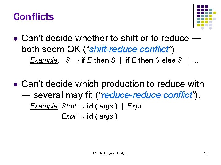 Conflicts l Can’t decide whether to shift or to reduce ― both seem OK