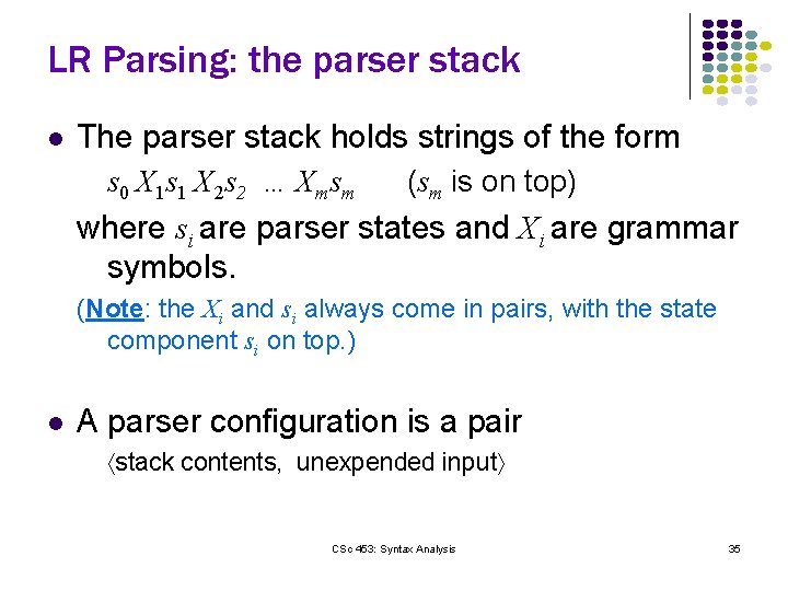 LR Parsing: the parser stack l The parser stack holds strings of the form