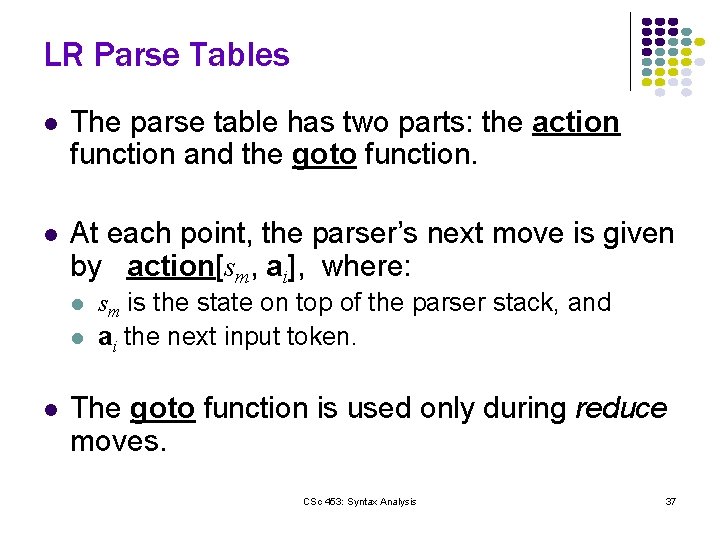 LR Parse Tables l The parse table has two parts: the action function and