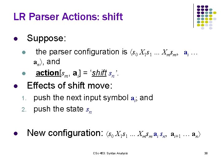 LR Parser Actions: shift Suppose: l l l Effects of shift move: l 1.