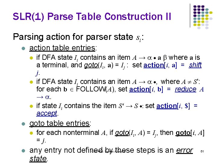 SLR(1) Parse Table Construction II Parsing action for parser state si: l action table