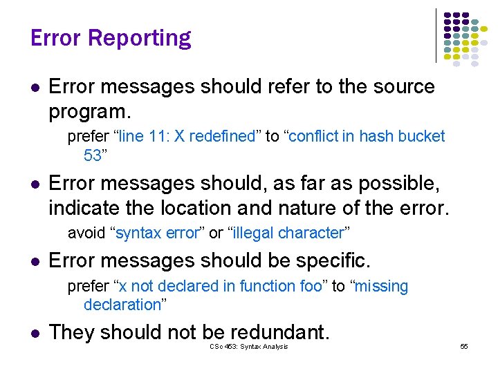 Error Reporting l Error messages should refer to the source program. prefer “line 11: