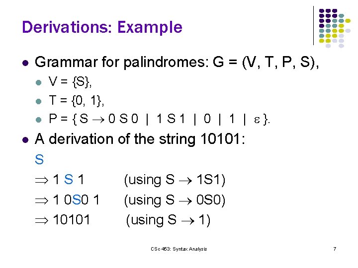 Derivations: Example l Grammar for palindromes: G = (V, T, P, S), l l
