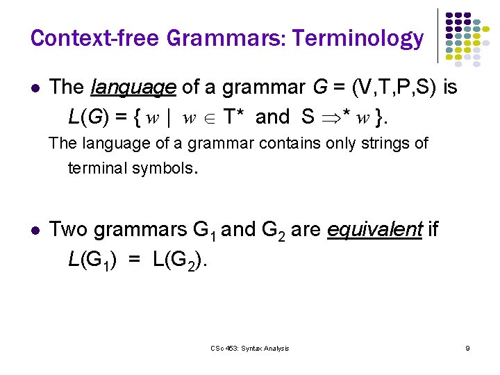 Context-free Grammars: Terminology l The language of a grammar G = (V, T, P,