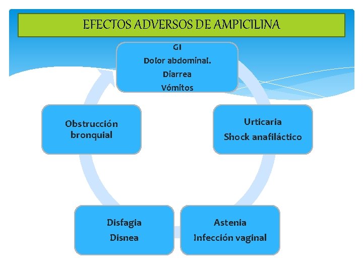 EFECTOS ADVERSOS DE AMPICILINA GI Dolor abdominal. Diarrea Vómitos Obstrucción bronquial Urticaria Shock anafiláctico