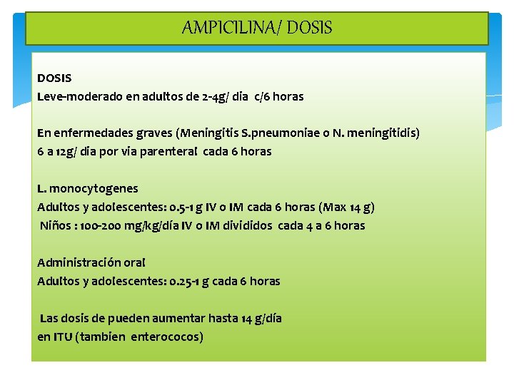 AMPICILINA/ DOSIS Leve-moderado en adultos de 2 -4 g/ dia c/6 horas En enfermedades