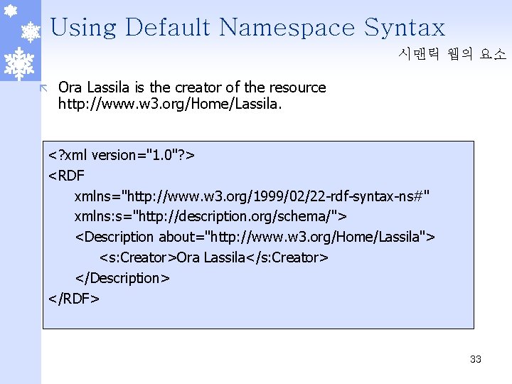 Using Default Namespace Syntax 시맨틱 웹의 요소 ã Ora Lassila is the creator of