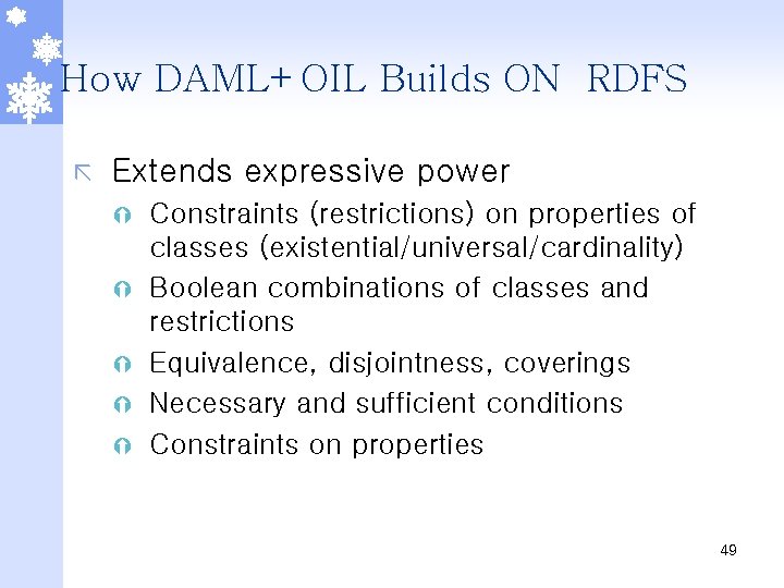 How DAML+OIL Builds ON RDFS ã Extends expressive power Ý Ý Ý Constraints (restrictions)