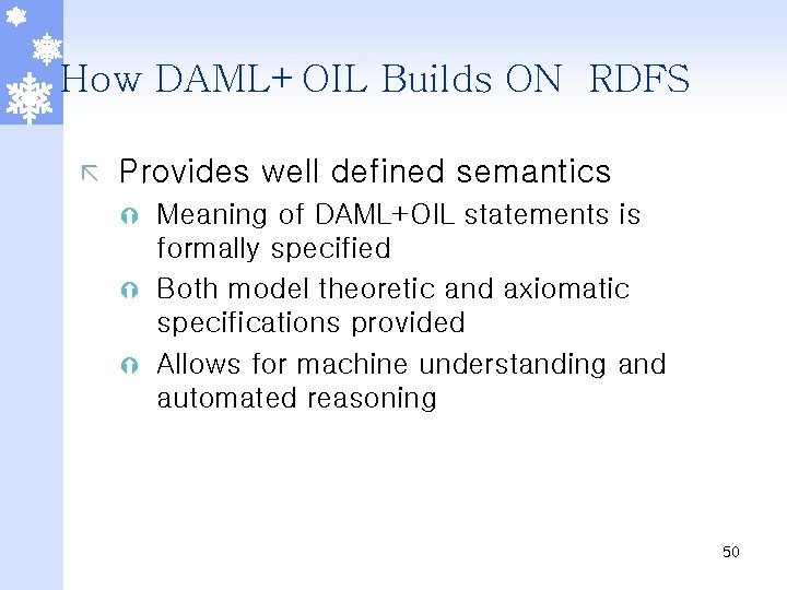 How DAML+OIL Builds ON RDFS ã Provides well defined semantics Meaning of DAML+OIL statements