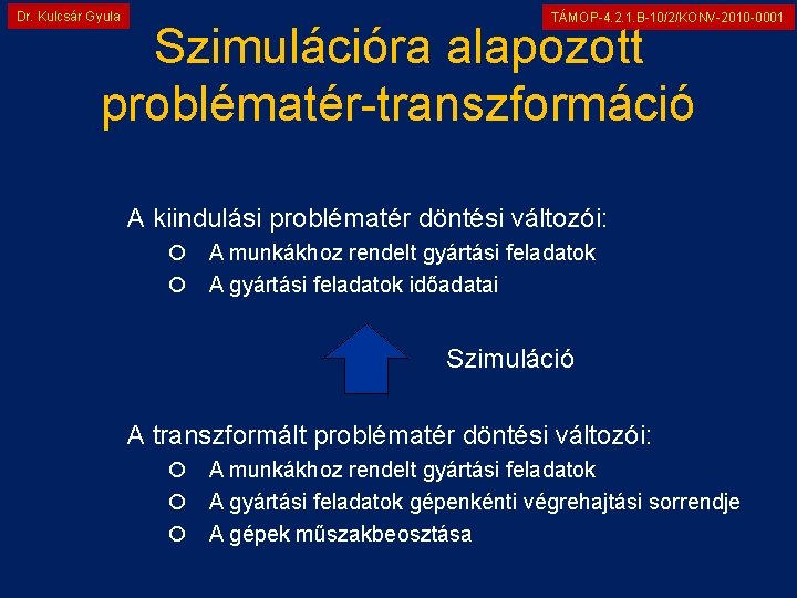 Dr. Kulcsár Gyula TÁMOP-4. 2. 1. B-10/2/KONV-2010 -0001 Szimulációra alapozott problématér-transzformáció A kiindulási problématér