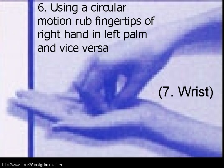 6. Using a circular motion rub fingertips of right hand in left palm and