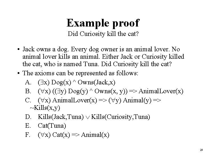 Example proof Did Curiosity kill the cat? • Jack owns a dog. Every dog