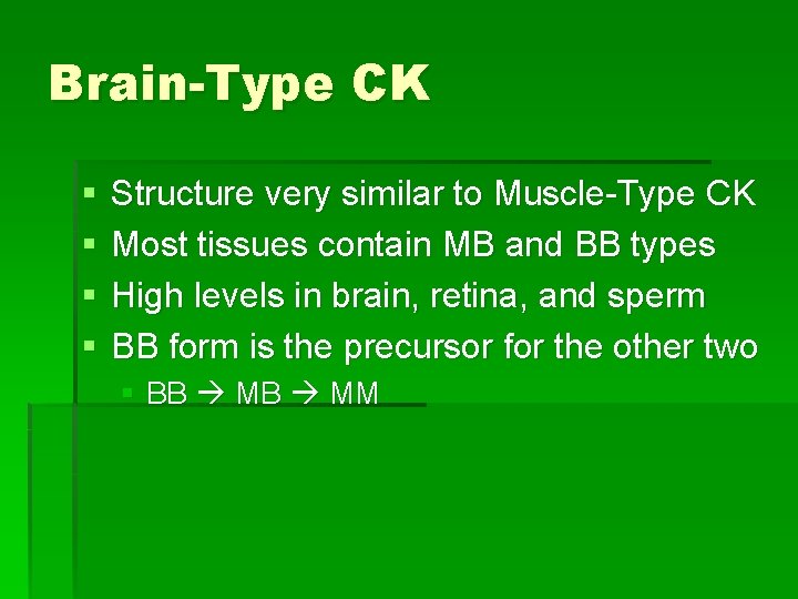 Brain-Type CK § § Structure very similar to Muscle-Type CK Most tissues contain MB