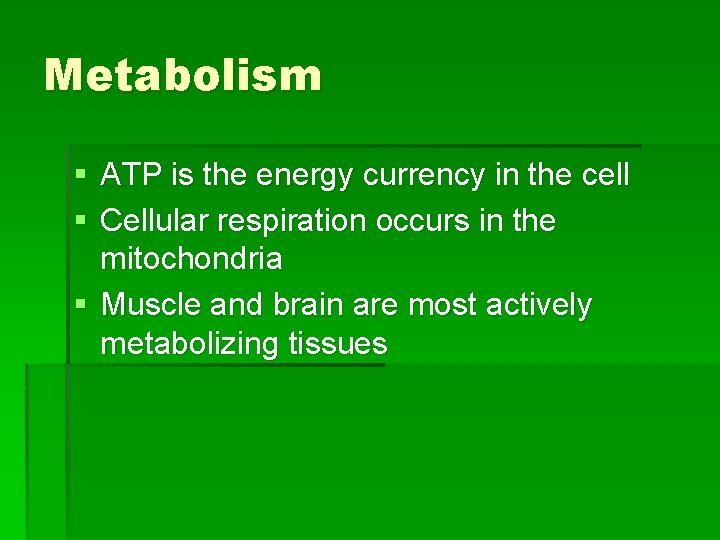 Metabolism § ATP is the energy currency in the cell § Cellular respiration occurs