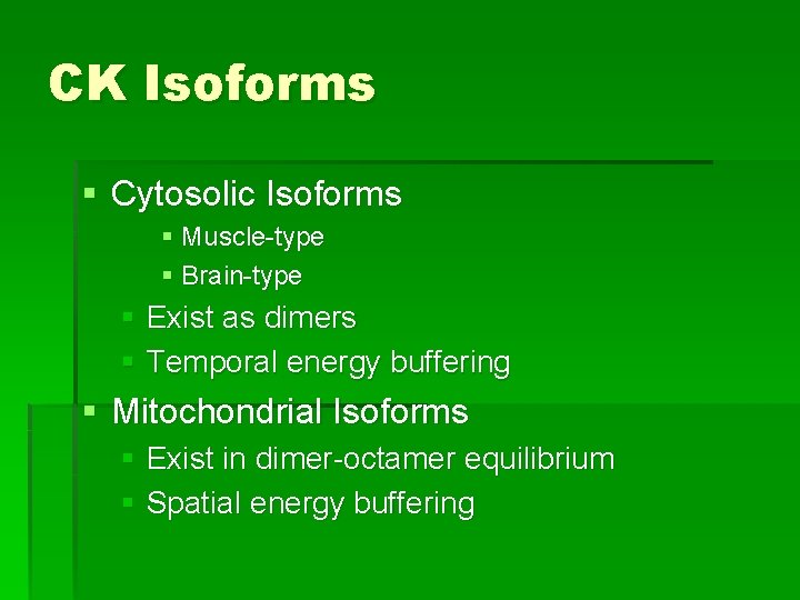 CK Isoforms § Cytosolic Isoforms § Muscle-type § Brain-type § Exist as dimers §