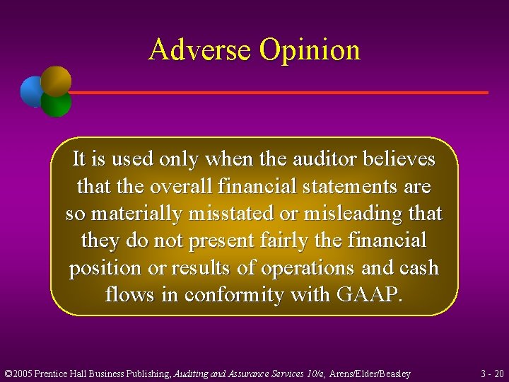 Adverse Opinion It is used only when the auditor believes that the overall financial