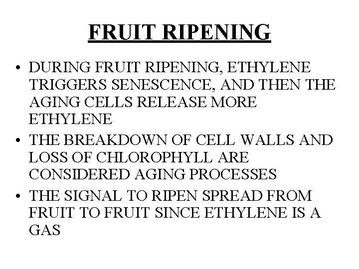 FRUIT RIPENING • DURING FRUIT RIPENING, ETHYLENE TRIGGERS SENESCENCE, AND THEN THE AGING CELLS