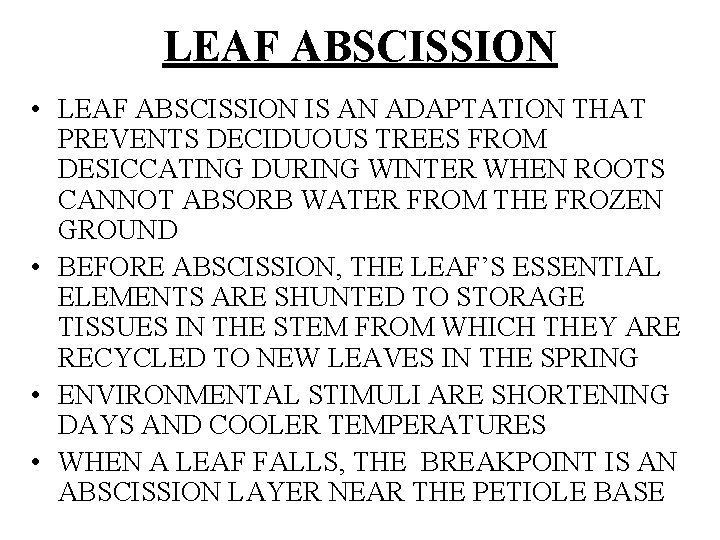 LEAF ABSCISSION • LEAF ABSCISSION IS AN ADAPTATION THAT PREVENTS DECIDUOUS TREES FROM DESICCATING
