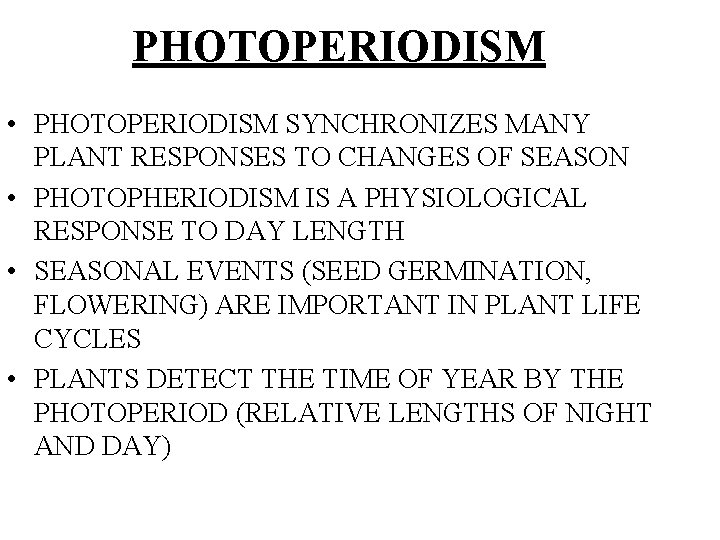 PHOTOPERIODISM • PHOTOPERIODISM SYNCHRONIZES MANY PLANT RESPONSES TO CHANGES OF SEASON • PHOTOPHERIODISM IS