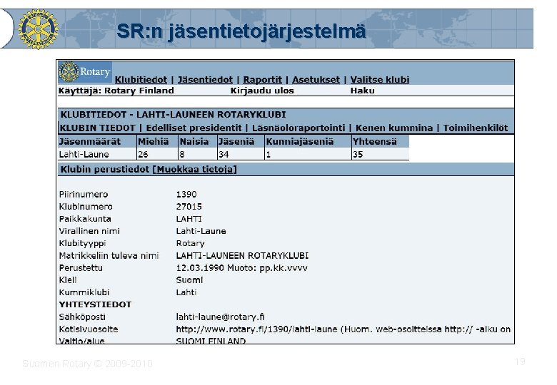 SR: n jäsentietojärjestelmä Suomen Rotary © 2009 -2010 19 