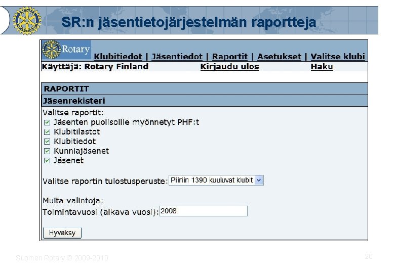 SR: n jäsentietojärjestelmän raportteja Suomen Rotary © 2009 -2010 20 