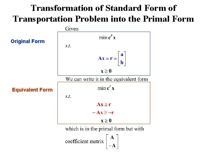 Transformation of Standard Form of Transportation Problem into the Primal Form Original Form Equivalent Transformation of Standard Form of Transportation Problem into the Primal Form Original Form Equivalent