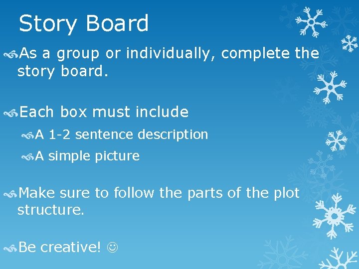 Story Board As a group or individually, complete the story board. Each box must