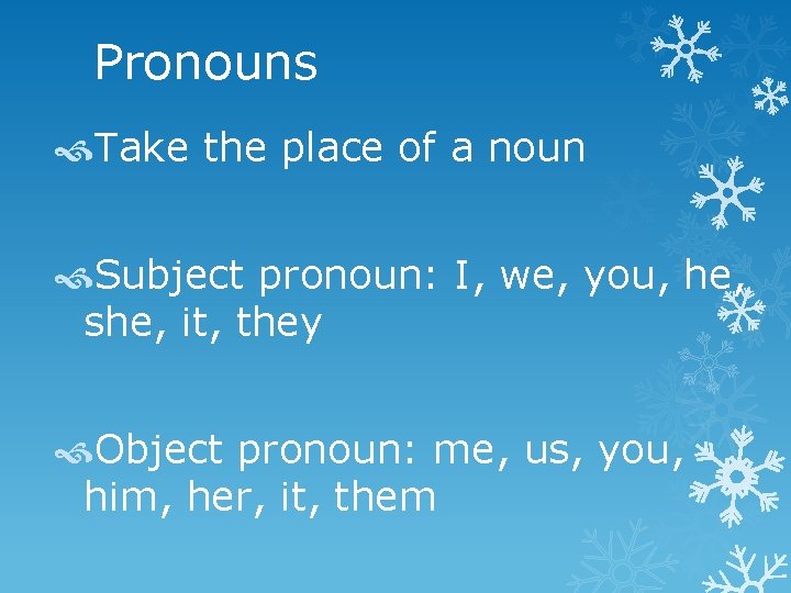 Pronouns Take the place of a noun Subject pronoun: I, we, you, he, she,