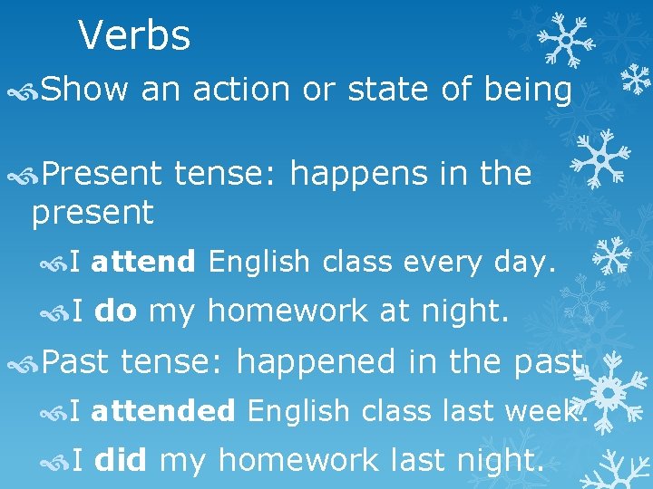 Verbs Show an action or state of being Present tense: happens in the present