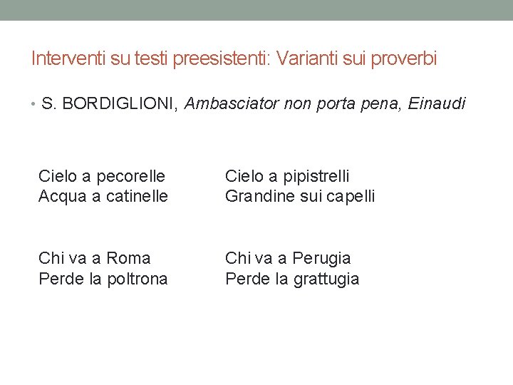 Interventi su testi preesistenti: Varianti sui proverbi • S. BORDIGLIONI, Ambasciator non porta pena,