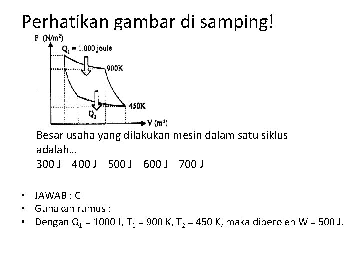 Perhatikan gambar di samping! Besar usaha yang dilakukan mesin dalam satu siklus adalah… 300