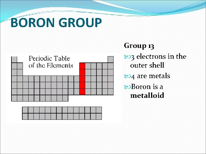 BORON GROUP Group 13 3 electrons in the outer shell 4 are metals Boron BORON GROUP Group 13 3 electrons in the outer shell 4 are metals Boron