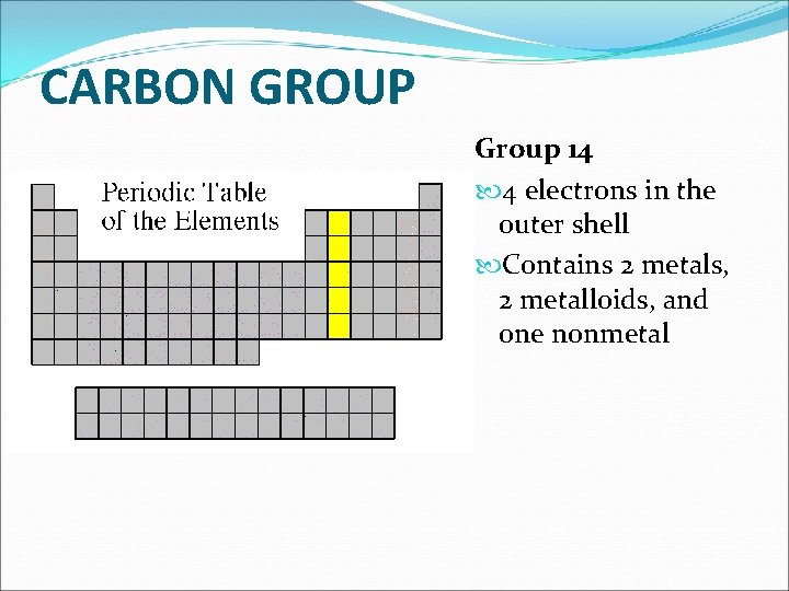 CARBON GROUP Group 14 4 electrons in the outer shell Contains 2 metals, 2 CARBON GROUP Group 14 4 electrons in the outer shell Contains 2 metals, 2