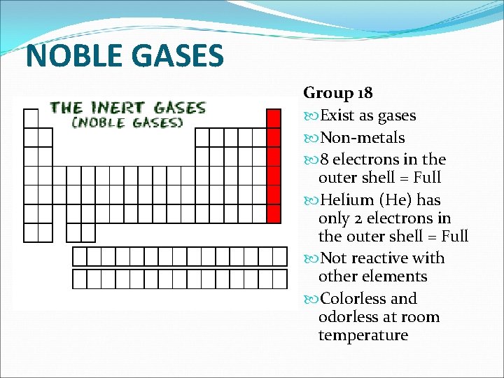 NOBLE GASES Group 18 Exist as gases Non-metals 8 electrons in the outer shell NOBLE GASES Group 18 Exist as gases Non-metals 8 electrons in the outer shell