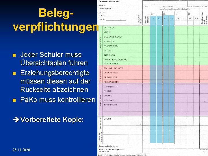 Belegverpflichtungen n Jeder Schüler muss Übersichtsplan führen Erziehungsberechtigte müssen diesen auf der Rückseite abzeichnen