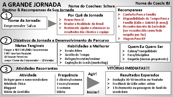 A GRANDE JORNADA Nome do Coachee: Schwa Destino & Recompensas da Sua Jornada Por