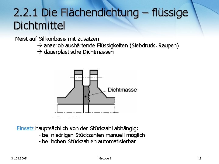 2. 2. 1 Die Flächendichtung – flüssige Dichtmittel Meist auf Silikonbasis mit Zusätzen anaerob