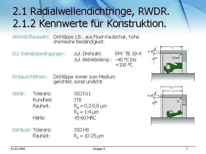 2. 1 Radialwellendichtringe, RWDR. 2. 1. 2 Kennwerte für Konstruktion. Werkstoffauswahl: Dichtlippe z. B.