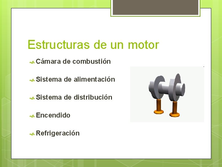 Estructuras de un motor Cámara de combustión Sistema de alimentación Sistema de distribución Encendido