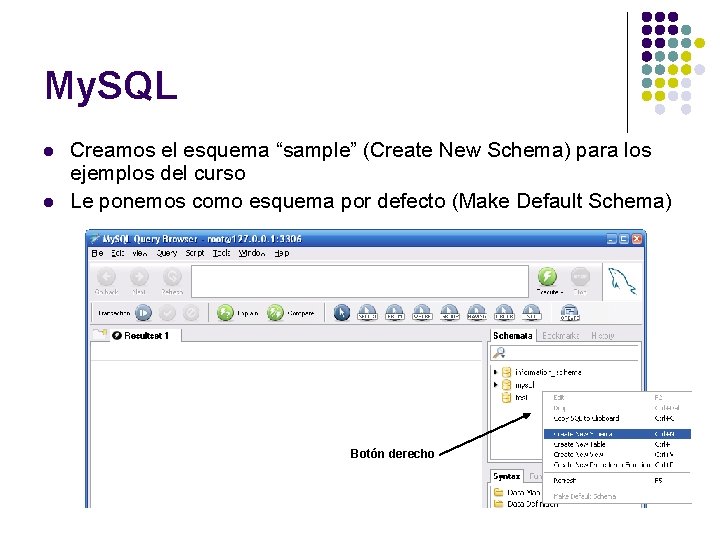 My. SQL l l Creamos el esquema “sample” (Create New Schema) para los ejemplos