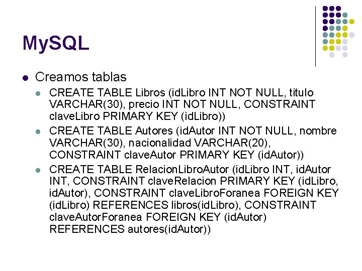 My. SQL l Creamos tablas l l l CREATE TABLE Libros (id. Libro INT