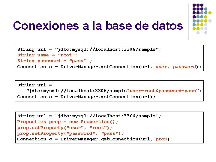 Conexiones a la base de datos String url = "jdbc: mysql: //localhost: 3306/sample"; String
