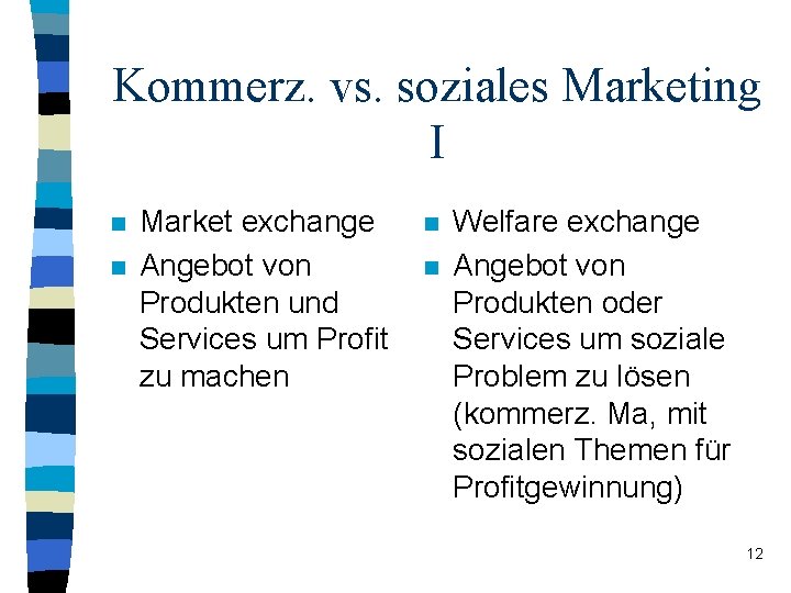 Kommerz. vs. soziales Marketing I n n Market exchange Angebot von Produkten und Services Kommerz. vs. soziales Marketing I n n Market exchange Angebot von Produkten und Services