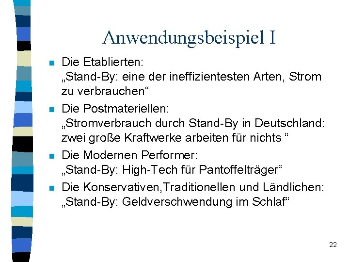 Anwendungsbeispiel I n n Die Etablierten: „Stand-By: eine der ineffizientesten Arten, Strom zu verbrauchen“ Anwendungsbeispiel I n n Die Etablierten: „Stand-By: eine der ineffizientesten Arten, Strom zu verbrauchen“