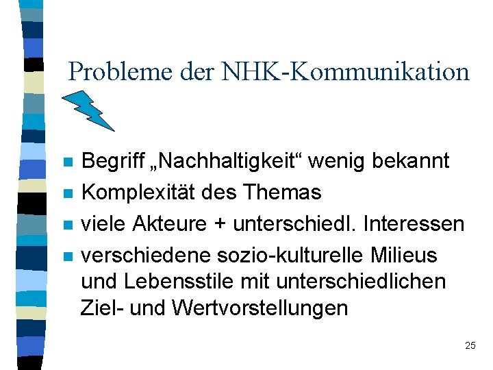 Probleme der NHK-Kommunikation n n Begriff „Nachhaltigkeit“ wenig bekannt Komplexität des Themas viele Akteure Probleme der NHK-Kommunikation n n Begriff „Nachhaltigkeit“ wenig bekannt Komplexität des Themas viele Akteure